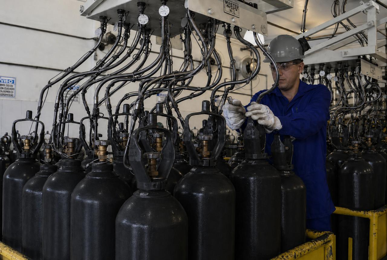 Operação de enchimento de cilindros industriais